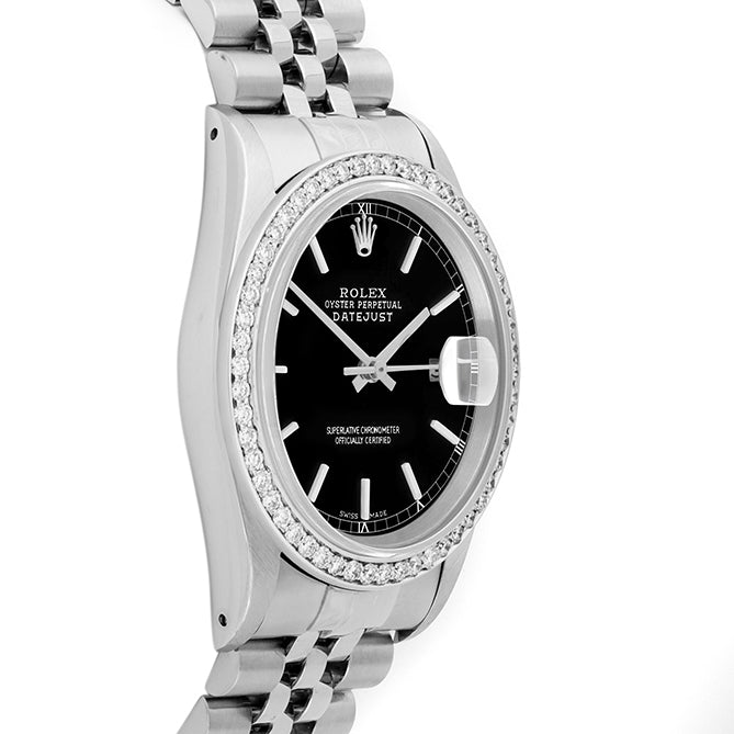 Rolex Datejust 36mm STAINLESS STEEL 16234 Black Dial | Sticks Hour Markers, 1 ct Diamond Bezel