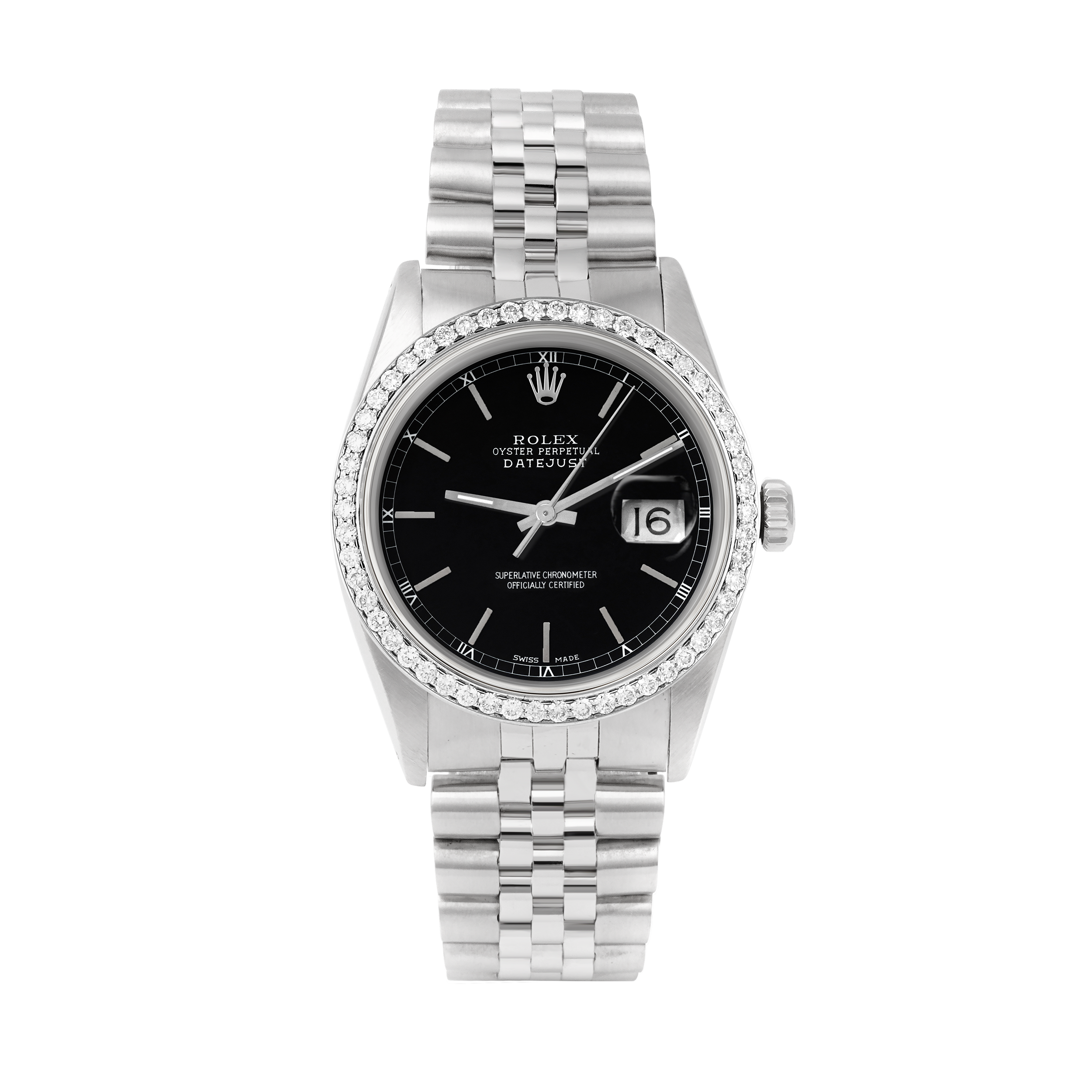 Rolex Datejust 36mm STAINLESS STEEL 16234 Black Dial | Sticks Hour Markers, 1 ct Diamond Bezel