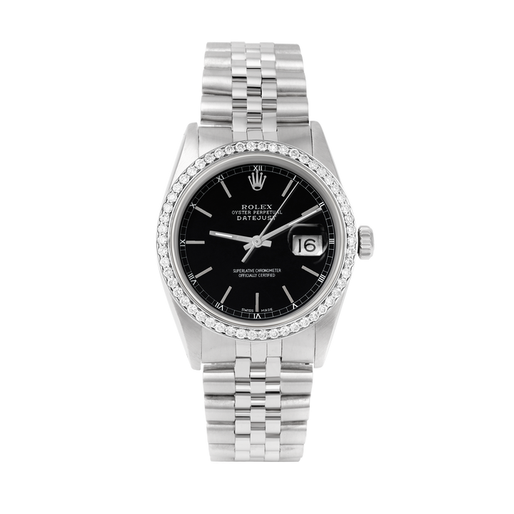 Rolex Datejust 36mm STAINLESS STEEL 16234 Black Dial | Sticks Hour Markers, 1 ct Diamond Bezel