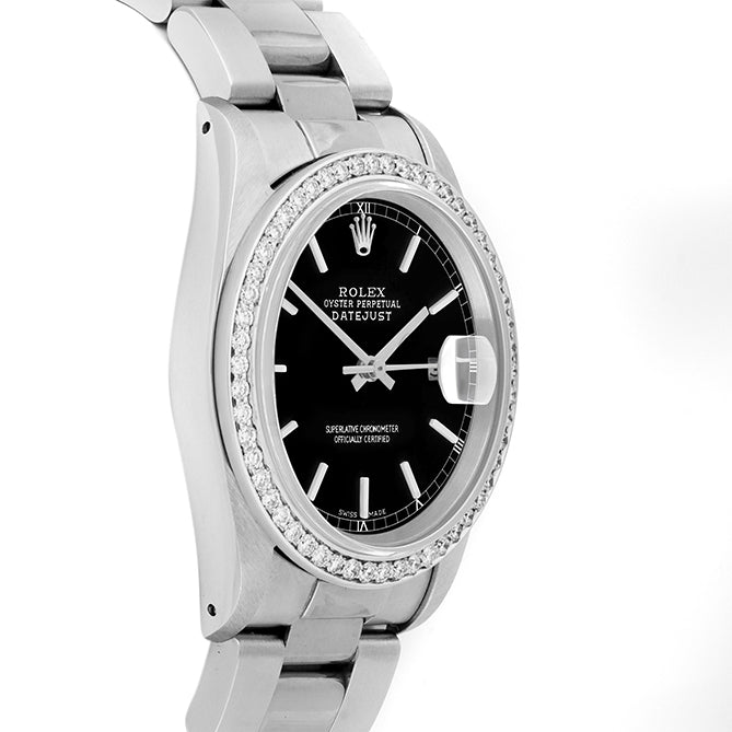 Rolex Datejust 36mm STAINLESS STEEL 16234 Black Dial | Sticks Hour Markers,  1 ct Diamond Bezel