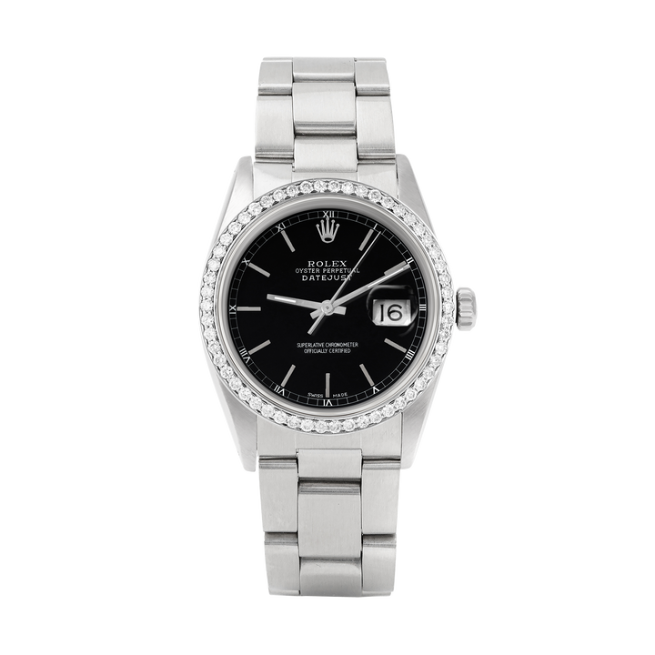 Rolex Datejust 36mm STAINLESS STEEL 16234 Black Dial | Sticks Hour Markers,  1 ct Diamond Bezel