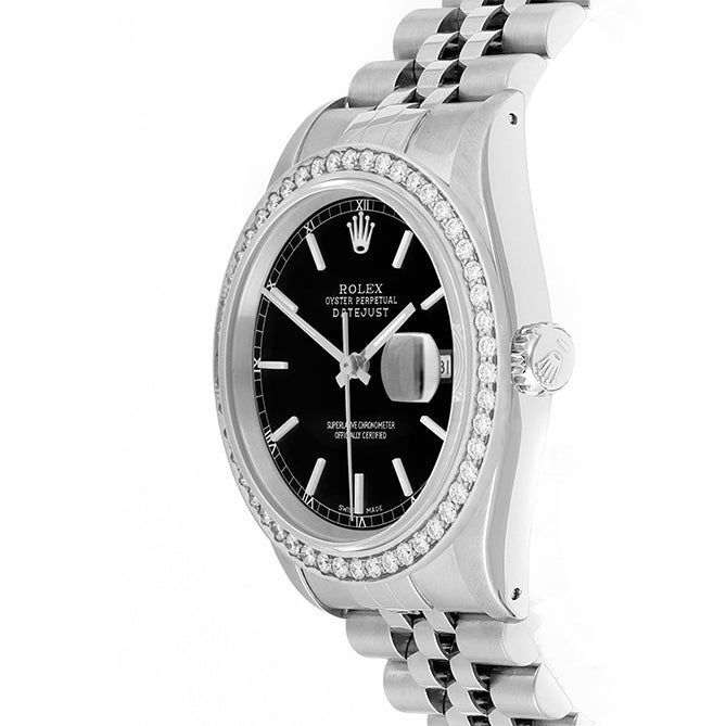 Rolex Datejust 36mm STAINLESS STEEL 16234 Black Dial | Stick Hour Markers | 1.8 ct Diamond Bezel