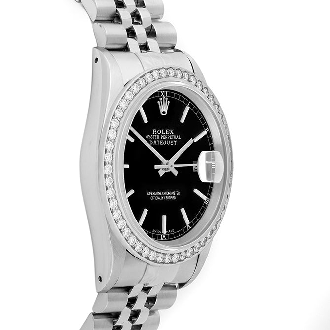 Rolex Datejust 36mm STAINLESS STEEL 16234 Black Dial | Stick Hour Markers | 1.8 ct Diamond Bezel