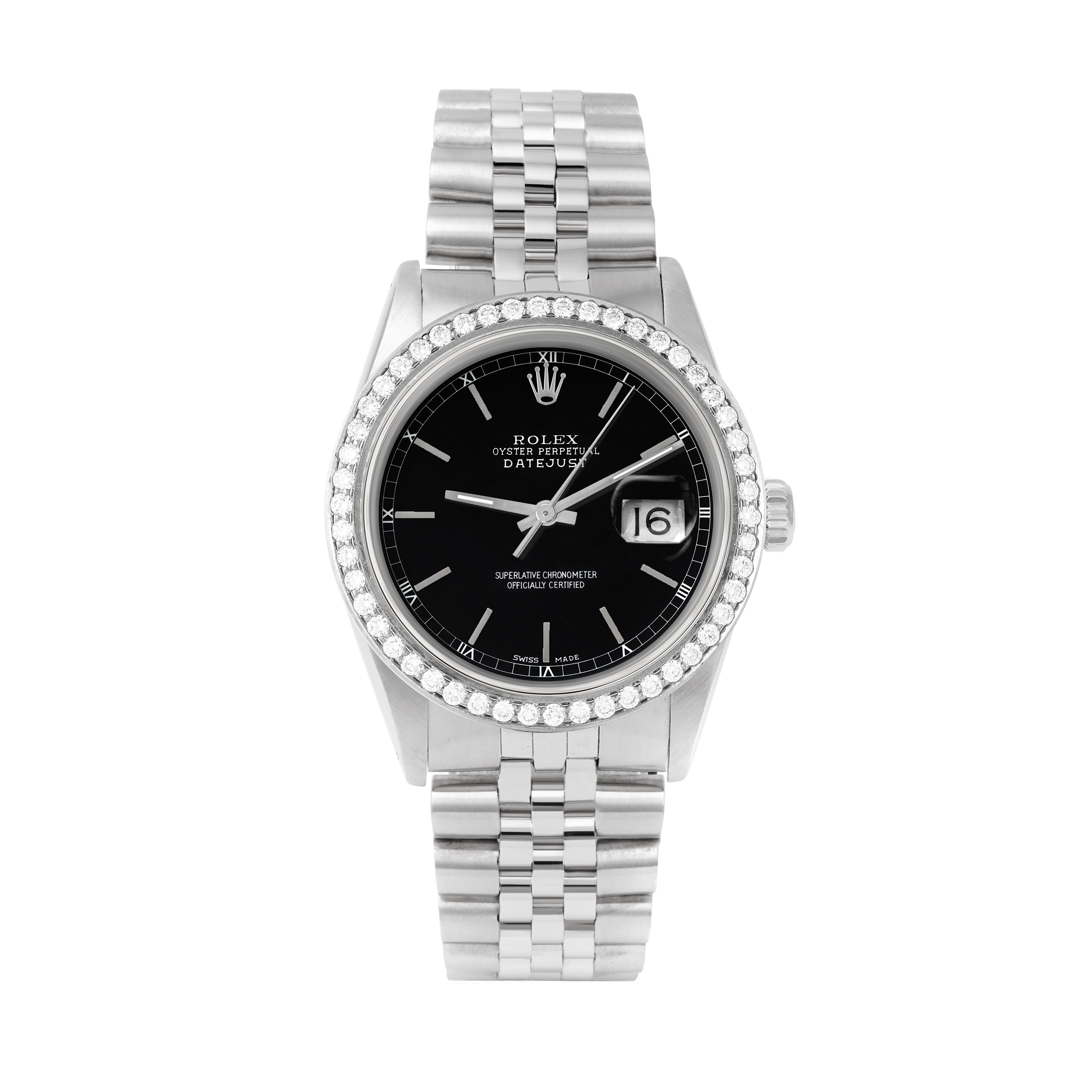 Rolex Datejust 36mm STAINLESS STEEL 16234 Black Dial | Stick Hour Markers | 1.8 ct Diamond Bezel