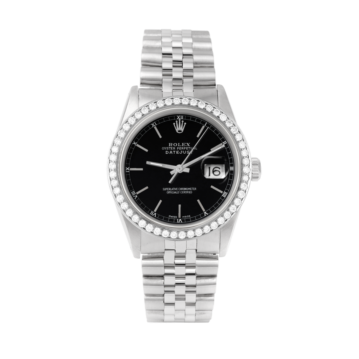 Rolex Datejust 36mm STAINLESS STEEL 16234 Black Dial | Stick Hour Markers | 1.8 ct Diamond Bezel