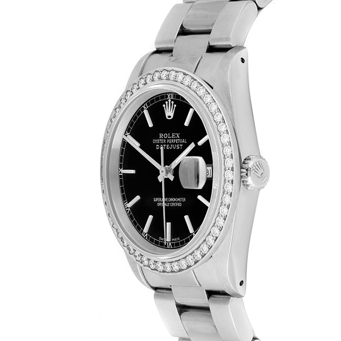 Rolex Datejust 36mm STAINLESS STEEL 16234 Black Dial | Stick Hour Markers, 1.8ct Diamond Bezel