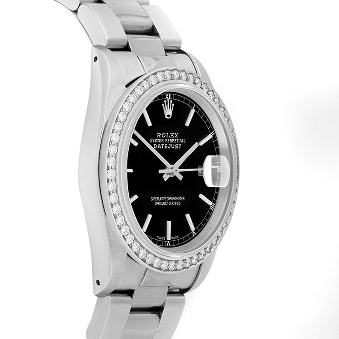 Rolex Datejust 36mm STAINLESS STEEL 16234 Black Dial | Stick Hour Markers, 1.8ct Diamond Bezel