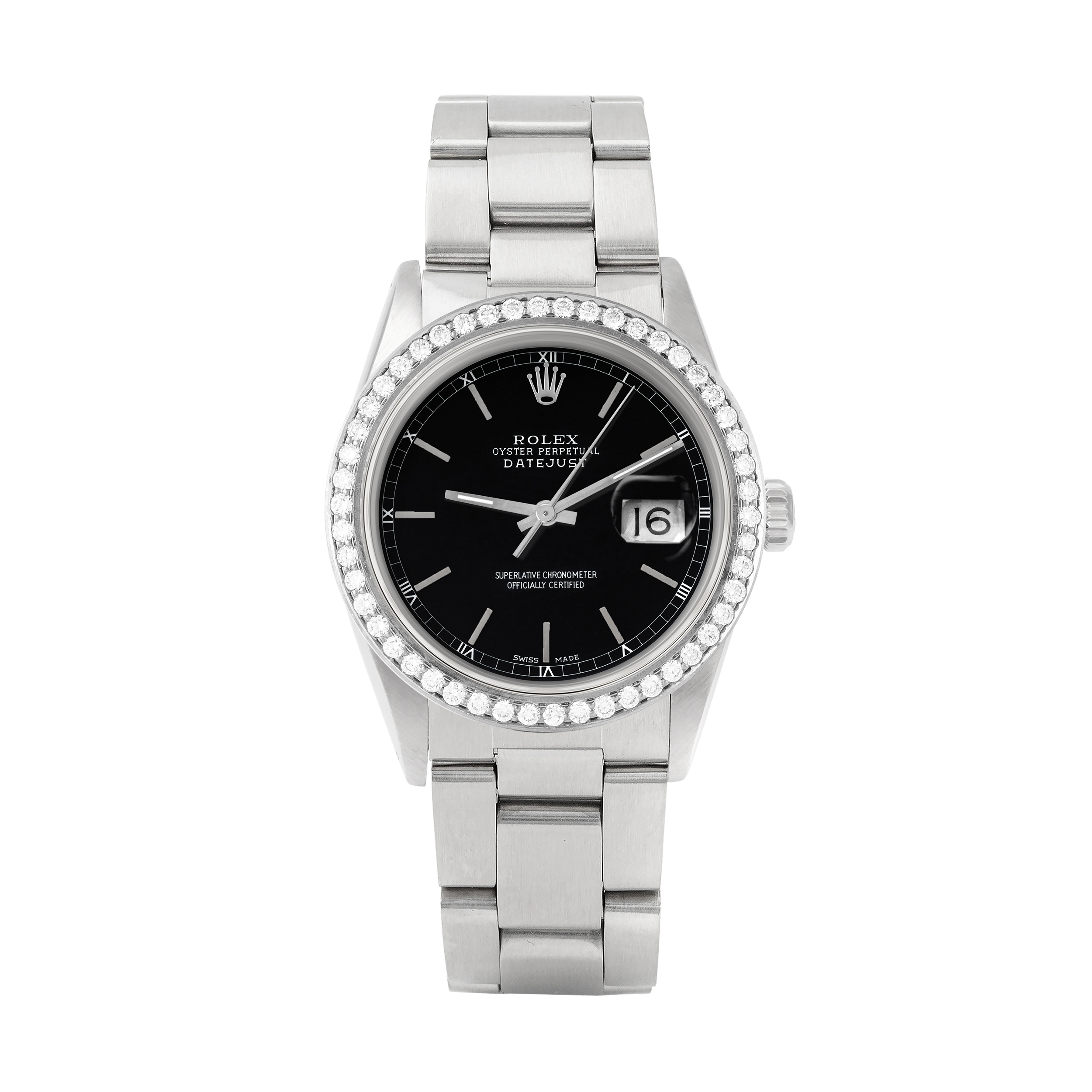 Rolex Datejust 36mm STAINLESS STEEL 16234 Black Dial | Stick Hour Markers, 1.8ct Diamond Bezel