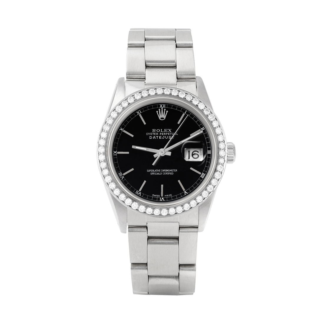 Rolex Datejust 36mm STAINLESS STEEL 16234 Black Dial | Stick Hour Markers, 1.8ct Diamond Bezel