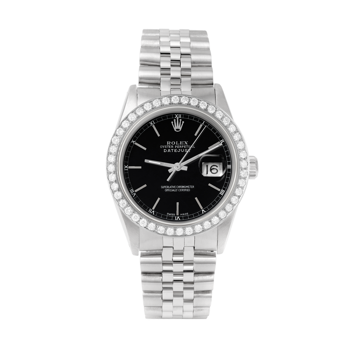 Rolex Datejust 36mm STAINLESS STEEL 16234 Black Dial | Sticks Hour Markers, 2 ct Diamond Bezel