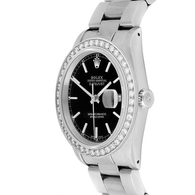 Rolex Datejust 36mm STAINLESS STEEL 16234 Black Dial | Sticks Hour Markers, 2 ct Diamond Bezel