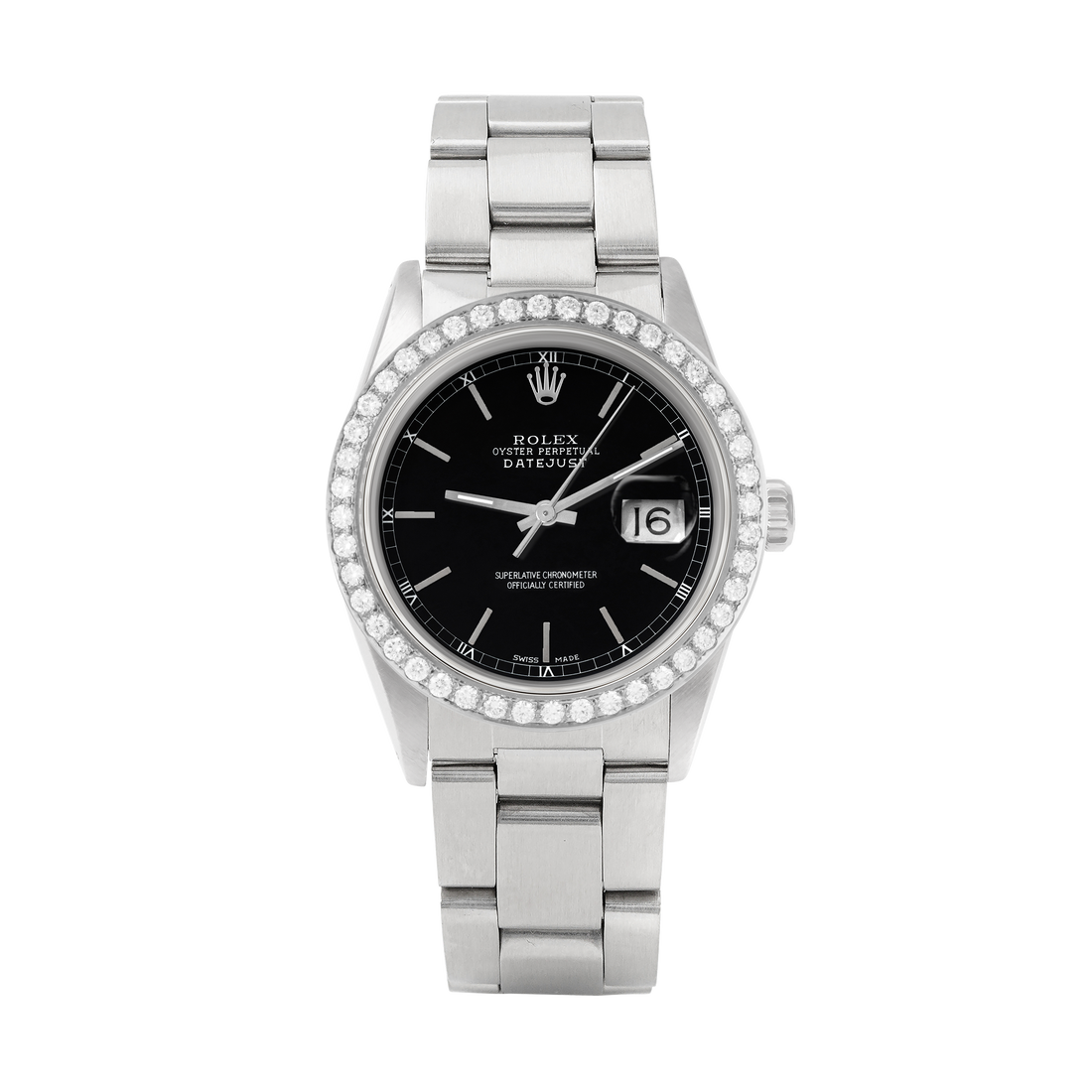 Rolex Datejust 36mm STAINLESS STEEL 16234 Black Dial | Sticks Hour Markers, 2 ct Diamond Bezel