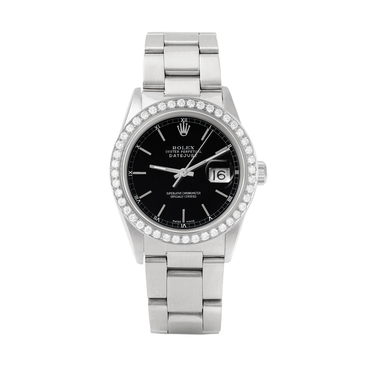 Rolex Datejust 36mm STAINLESS STEEL 16234 Black Dial | Sticks Hour Markers, 2 ct Diamond Bezel