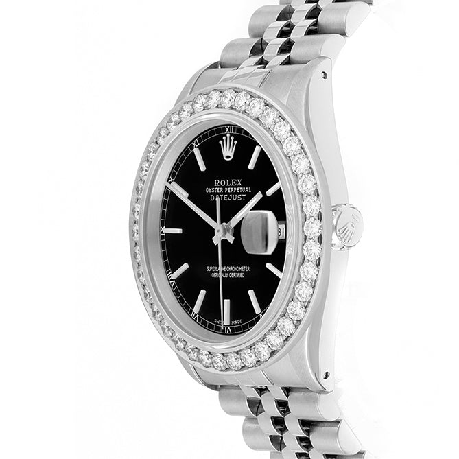 Rolex Datejust 36mm STAINLESS STEEL 16234 Black Dial | Stick Hour Markers, 2.5 ct Diamond Bezel