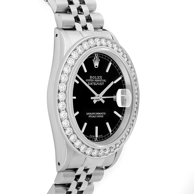 Rolex Datejust 36mm STAINLESS STEEL 16234 Black Dial | Stick Hour Markers, 2.5 ct Diamond Bezel