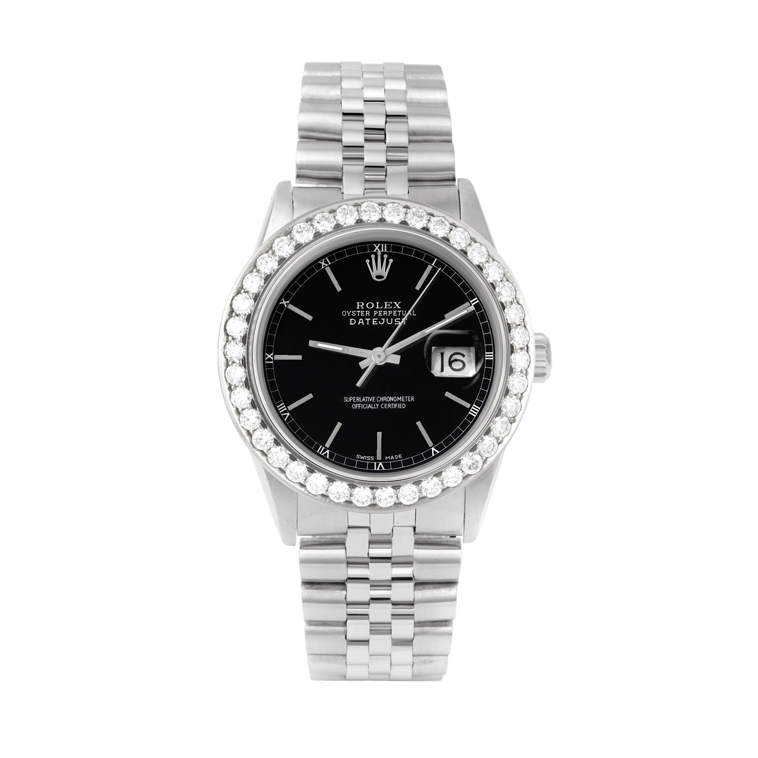Rolex Datejust 36mm STAINLESS STEEL 16234 Black Dial | Stick Hour Markers, 2.5 ct Diamond Bezel