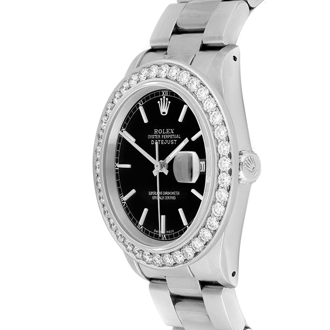 Rolex Datejust 36mm STAINLESS STEEL 16234 Black Dial | Stick Hour Markers, 2.5 ct Diamond Bezel