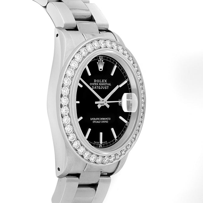 Rolex Datejust 36mm STAINLESS STEEL 16234 Black Dial | Stick Hour Markers, 2.5 ct Diamond Bezel