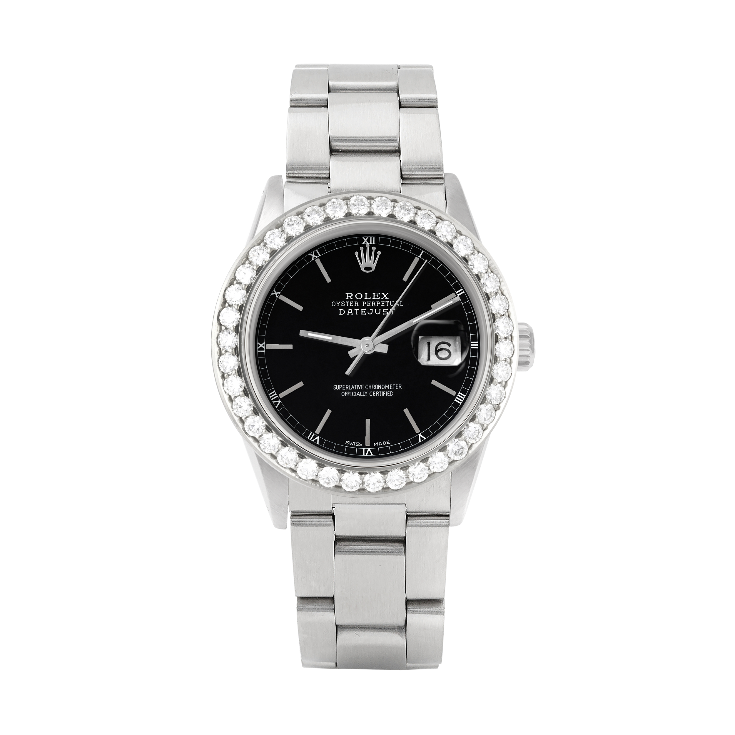 Rolex Datejust 36mm STAINLESS STEEL 16234 Black Dial | Stick Hour Markers, 2.5 ct Diamond Bezel