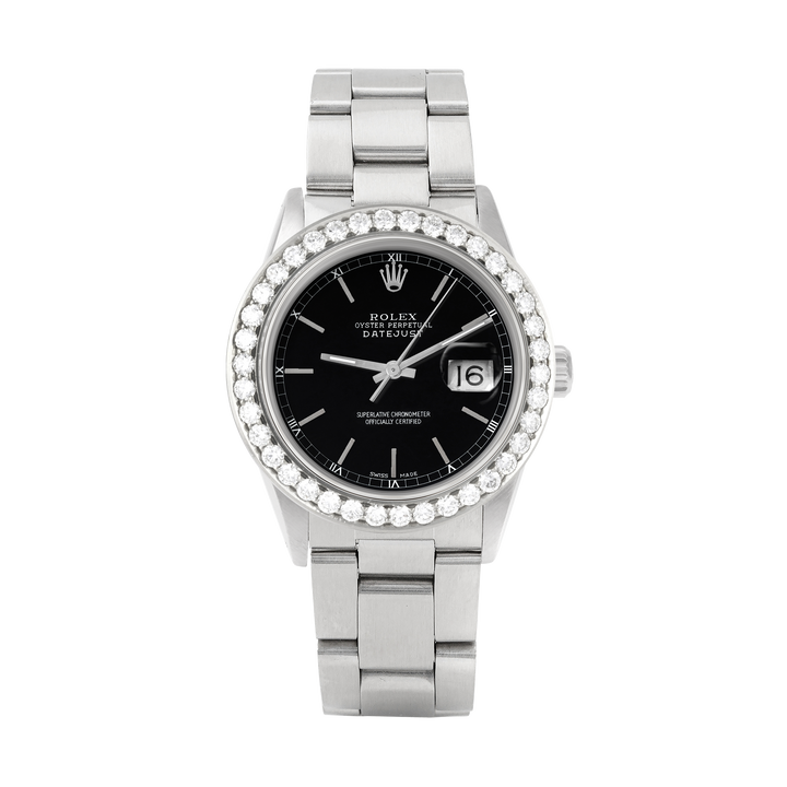 Rolex Datejust 36mm STAINLESS STEEL 16234 Black Dial | Stick Hour Markers, 2.5 ct Diamond Bezel