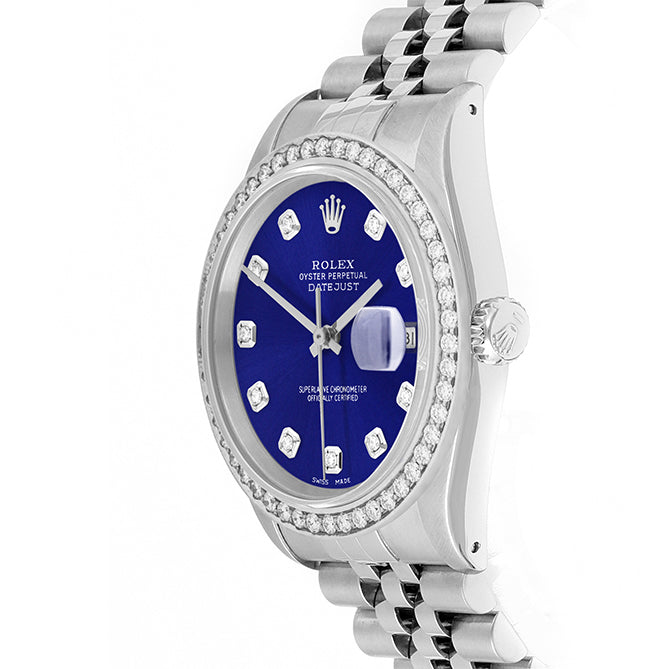 Rolex Datejust 36mm STAINLESS STEEL 16234 Blue Dial | Diamond Hour Markers, 1.8 ct Diamond Bezel