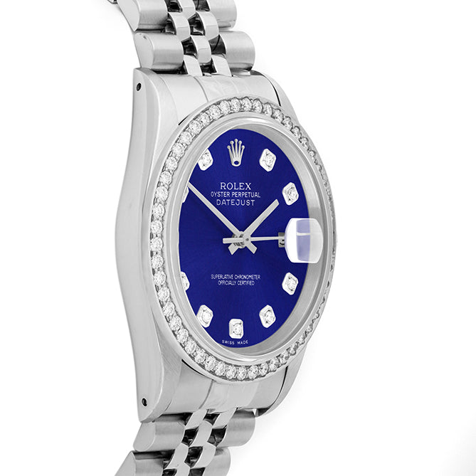 Rolex Datejust 36mm STAINLESS STEEL 16234 Blue Dial | Diamond Hour Markers, 1.8 ct Diamond Bezel