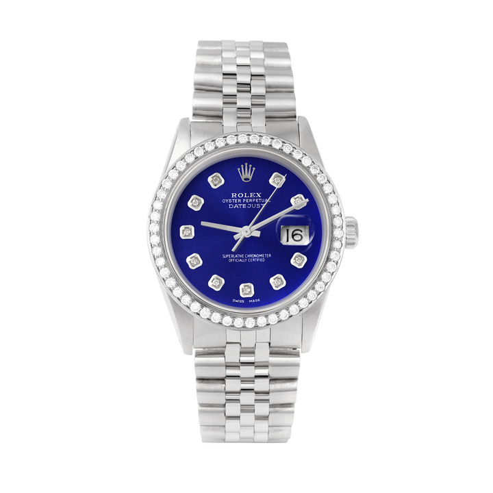 Rolex Datejust 36mm STAINLESS STEEL 16234 Blue Dial | Diamond Hour Markers, 1.8 ct Diamond Bezel