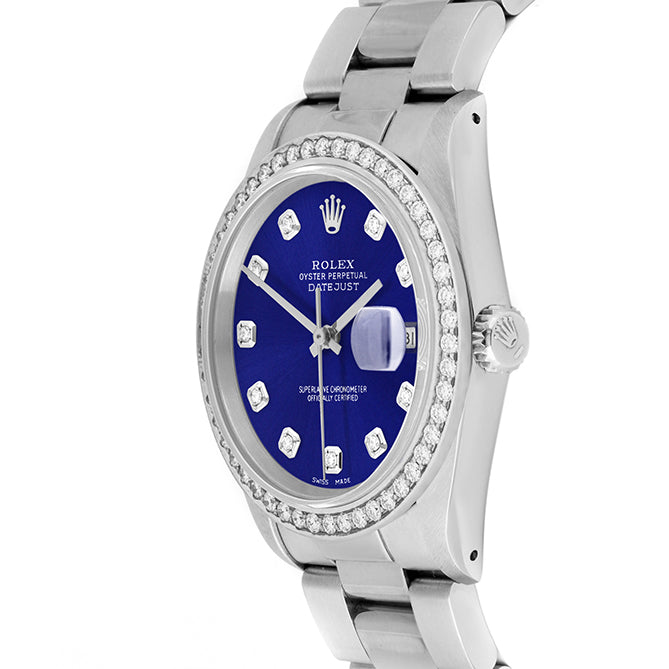 Rolex Datejust 36mm STAINLESS STEEL 16234 Blue Dial | Diamond Hour Markers, 1.8 ct Diamond Bezel