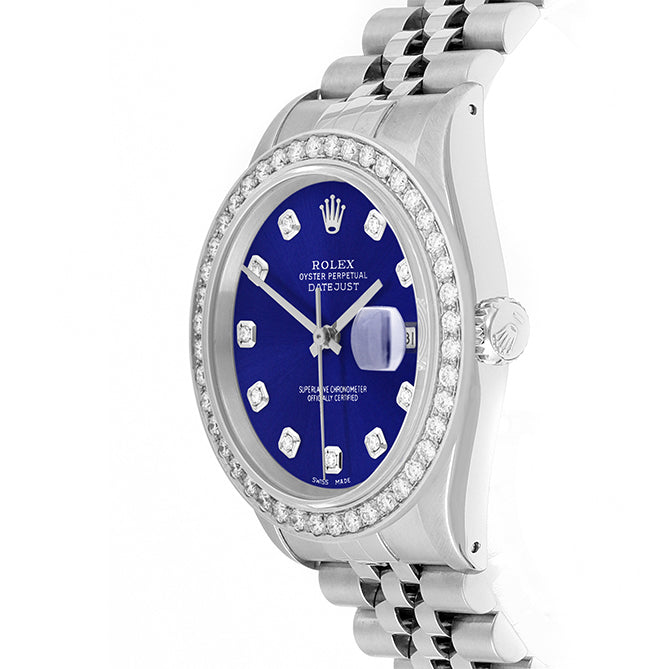 Rolex Datejust 36mm STAINLESS STEEL 16234 Blue Dial | Diamond Hour Markers, 2 ct Diamond Bezel