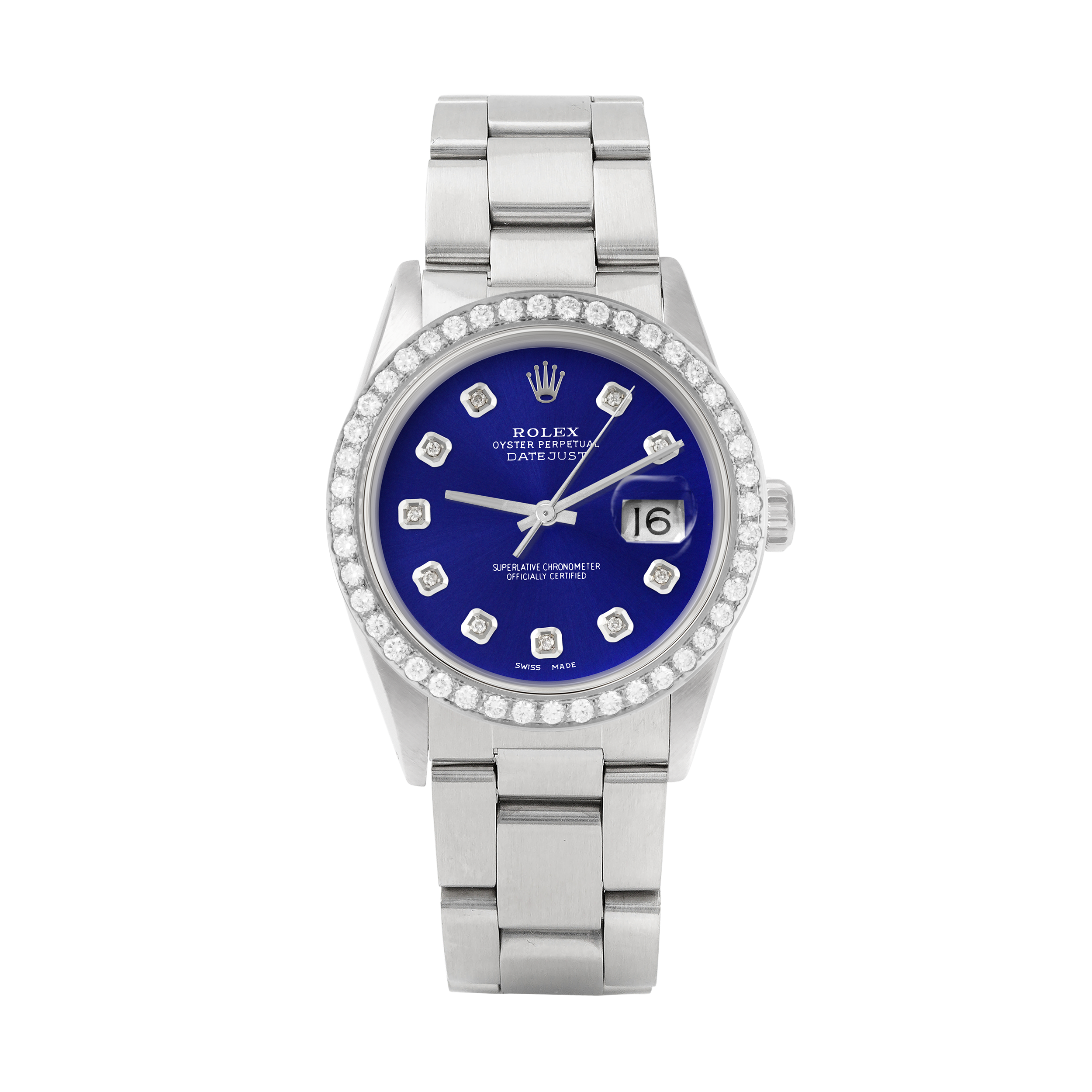Rolex Datejust 36mm STAINLESS STEEL 16234 Blue Dial | Diamond Hour Markers, 2 ct Diamond Bezel