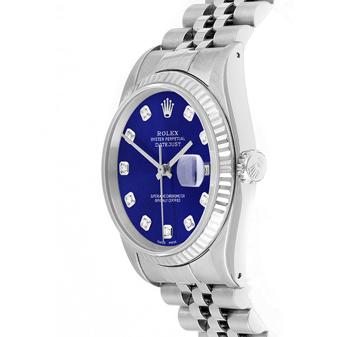 Rolex Datejust 36mm STAINLESS STEEL 16234 Blue Dial | Diamond Hour Markers | Fluted Bezel