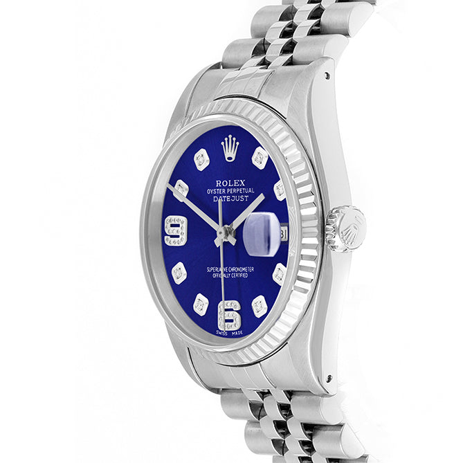 Rolex Datejust 36mm STAINLESS STEEL 16234 Blue | 6&9 Diamond  | Fluted Bezel