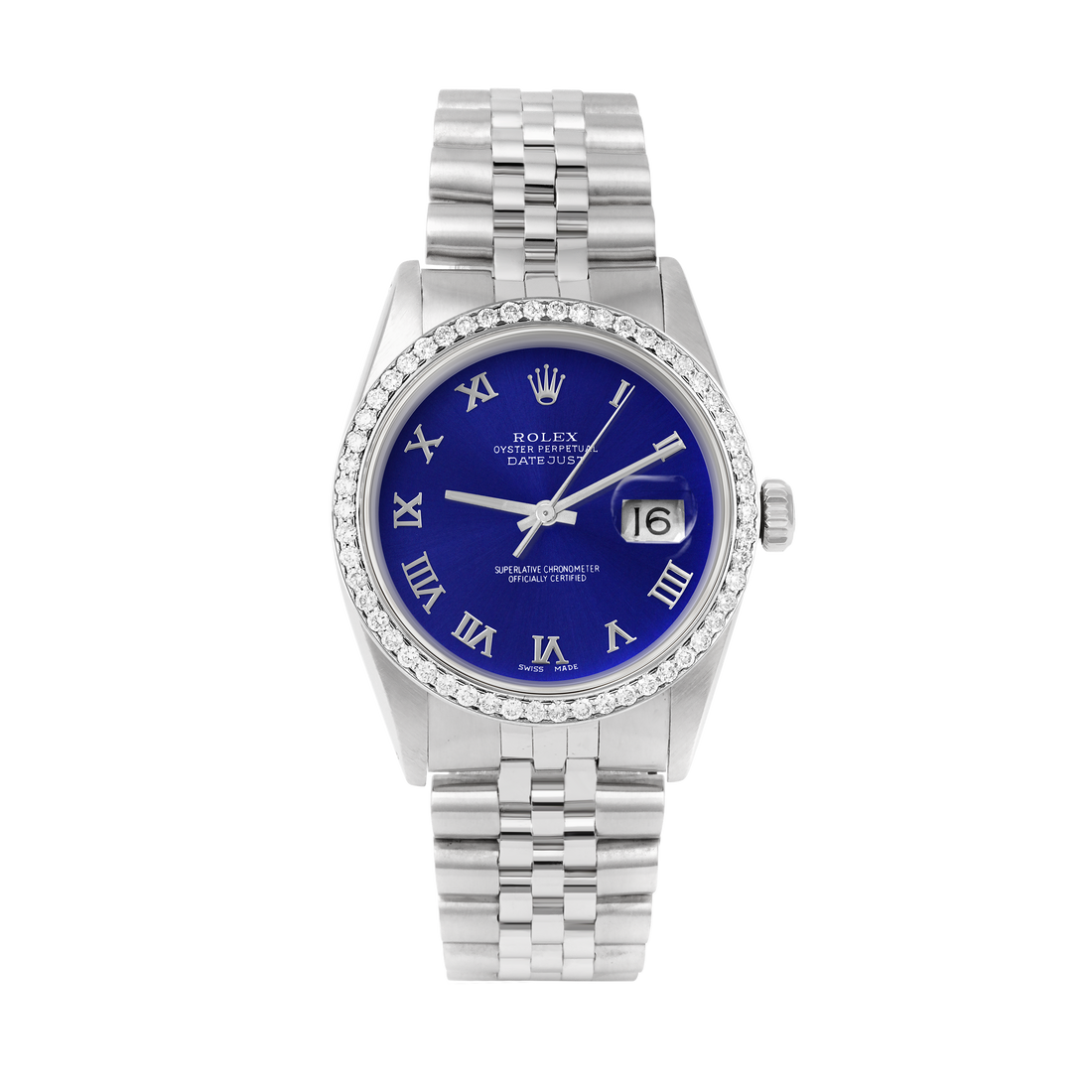 Rolex Datejust 36mm STAINLESS STEEL 16234 Blue Dial | Roman Hour Markers | 1 ct Diamond Bezel