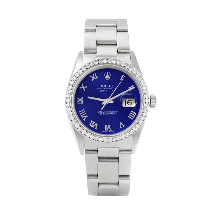 Rolex Datejust 36mm STAINLESS STEEL 16234 Blue Dial | Roman Hour Markers | 1 ct Diamond Bezel