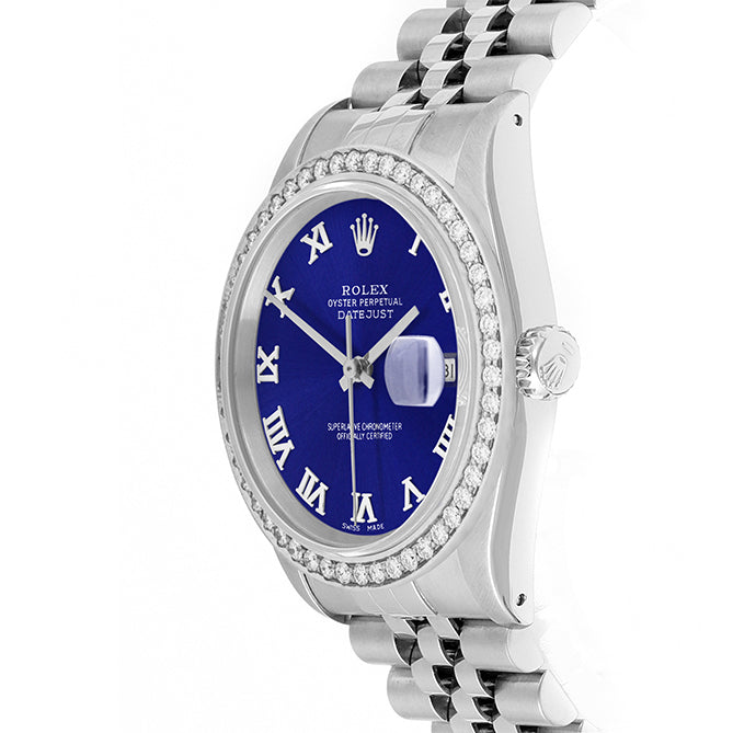 Rolex Datejust 36mm STAINLESS STEEL 16234 Blue Dial | Roman Hour Markers, 1.8ct Diamond Bezel