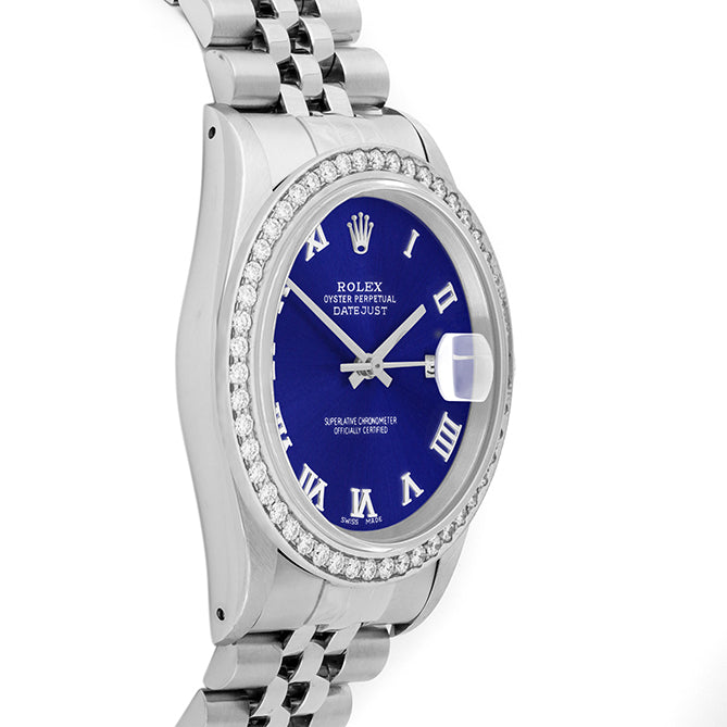 Rolex Datejust 36mm STAINLESS STEEL 16234 Blue Dial | Roman Hour Markers, 1.8ct Diamond Bezel