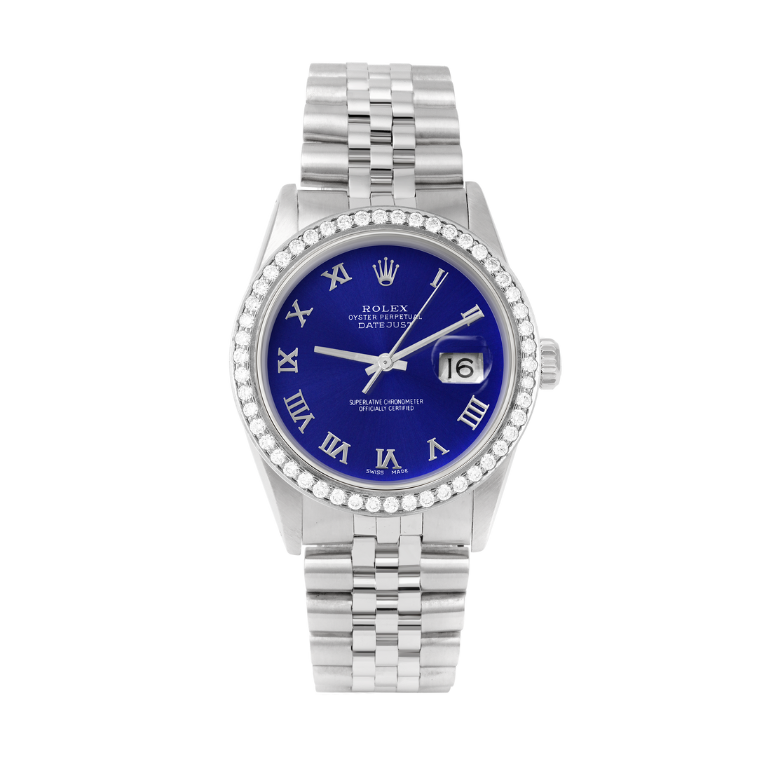 Rolex Datejust 36mm STAINLESS STEEL 16234 Blue Dial | Roman Hour Markers, 1.8ct Diamond Bezel