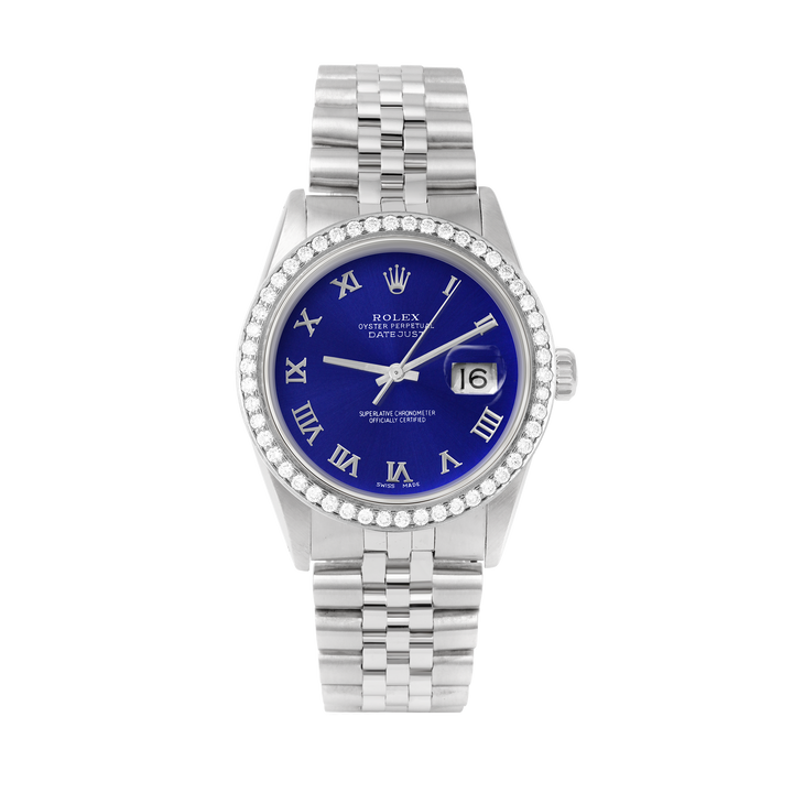 Rolex Datejust 36mm STAINLESS STEEL 16234 Blue Dial | Roman Hour Markers, 1.8ct Diamond Bezel