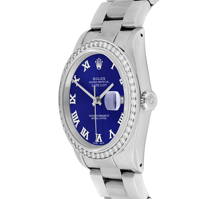 Rolex Datejust 36mm STAINLESS STEEL 16234 Blue Dial | Roman Hour Markers, 1.8ct Diamond Bezel
