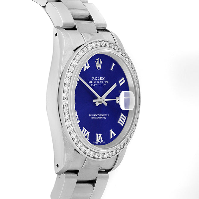 Rolex Datejust 36mm STAINLESS STEEL 16234 Blue Dial | Roman Hour Markers, 1.8ct Diamond Bezel