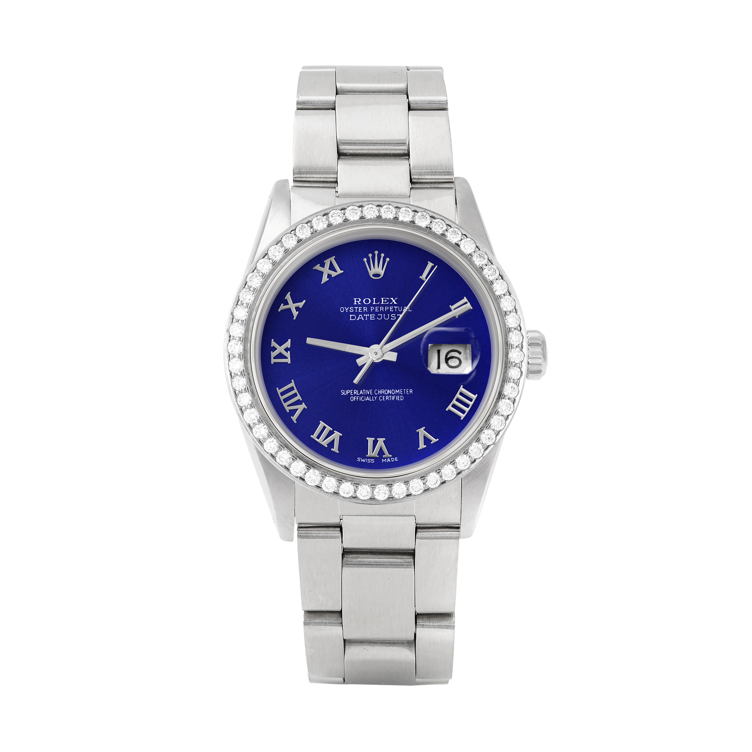 Rolex Datejust 36mm STAINLESS STEEL 16234 Blue Dial | Roman Hour Markers, 1.8ct Diamond Bezel