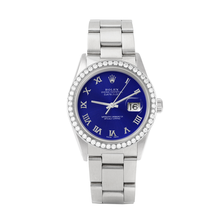 Rolex Datejust 36mm STAINLESS STEEL 16234 Blue Dial | Roman Hour Markers, 1.8ct Diamond Bezel