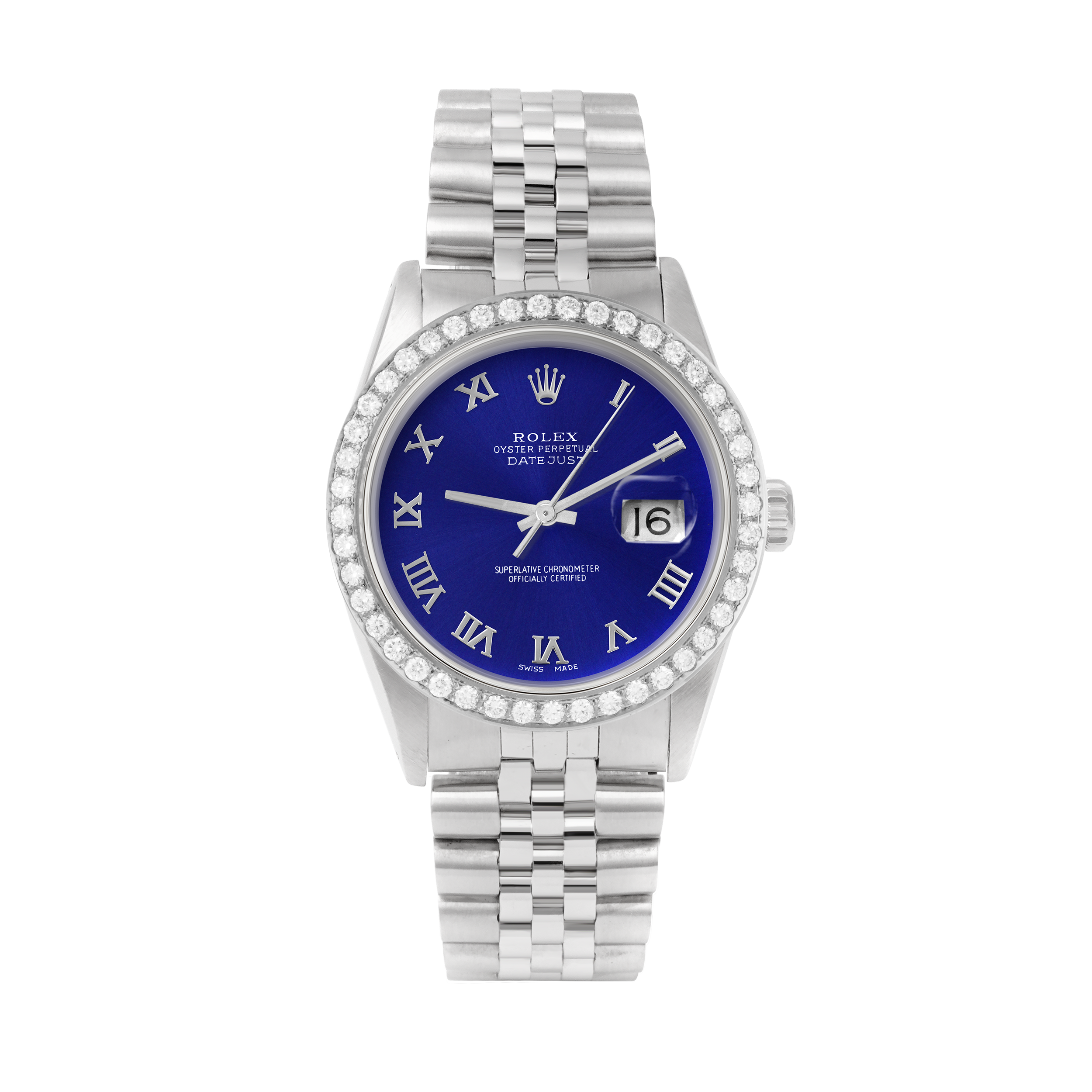 Rolex Datejust 36mm STAINLESS STEEL 16234 Blue Dial | Roman Hour Markers, 2 ct Diamond Bezel