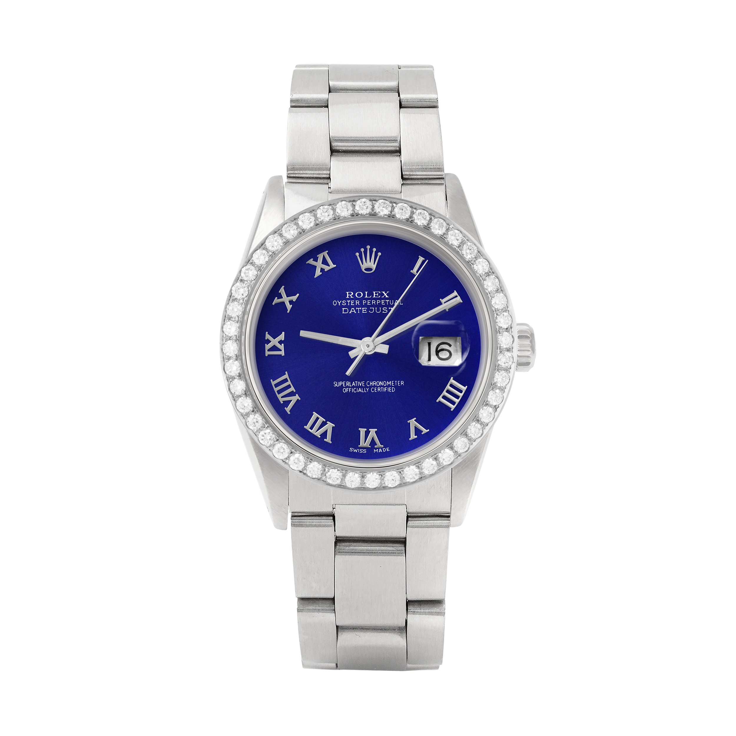 Rolex Datejust 36mm STAINLESS STEEL 16234 Blue Dial | Roman Hour Markers, 2 ct Diamond Bezel