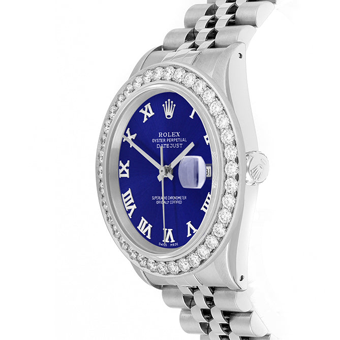 Rolex Datejust 36mm STAINLESS STEEL 16234 Blue Dial | Roman Hour Markers | 2.5 ct Diamond Bezel