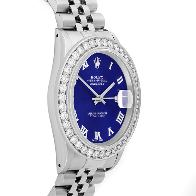 Rolex Datejust 36mm STAINLESS STEEL 16234 Blue Dial | Roman Hour Markers | 2.5 ct Diamond Bezel