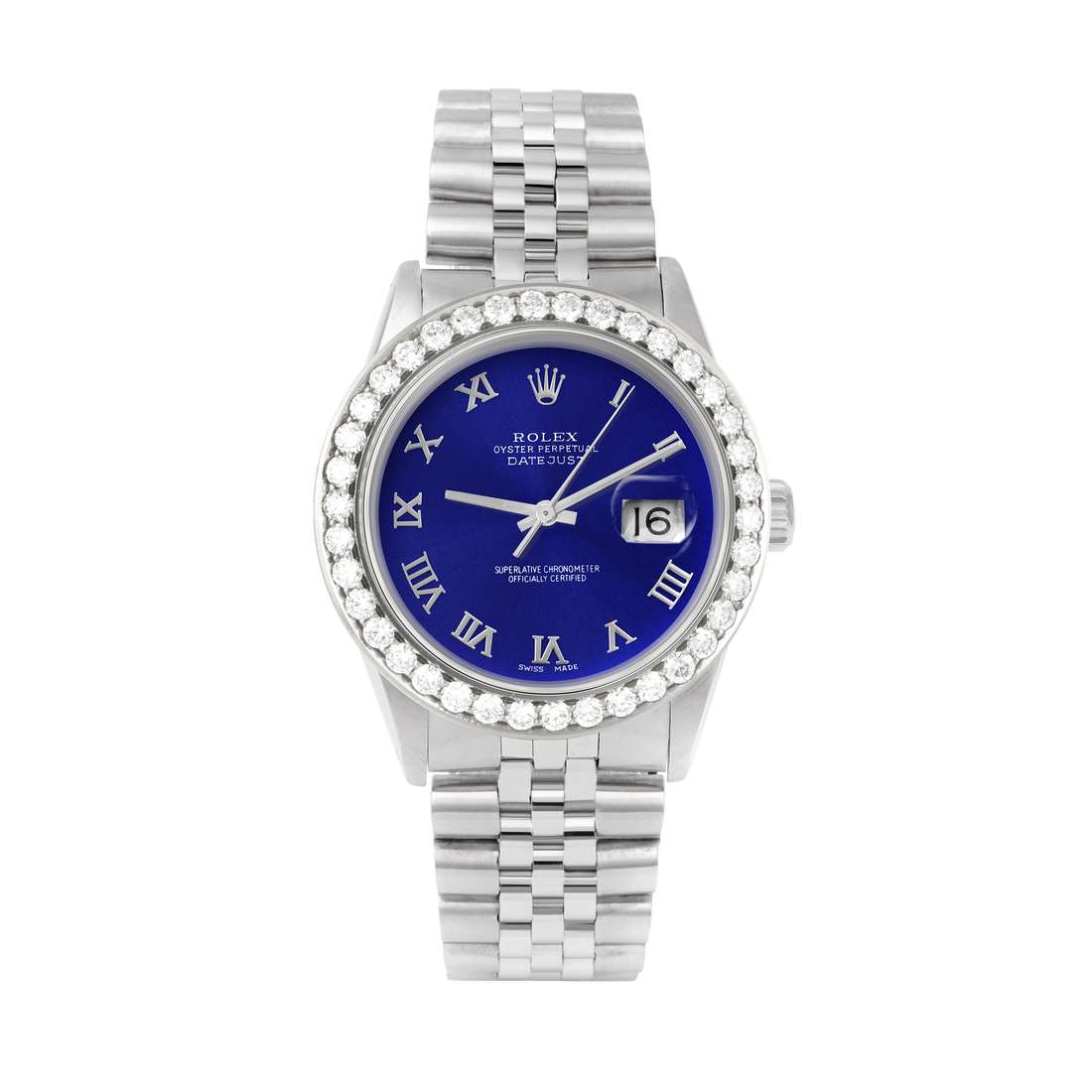 Rolex Datejust 36mm STAINLESS STEEL 16234 Blue Dial | Roman Hour Markers | 2.5 ct Diamond Bezel