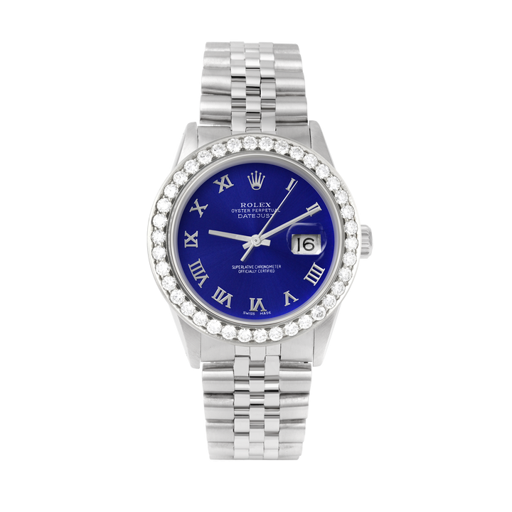 Rolex Datejust 36mm STAINLESS STEEL 16234 Blue Dial | Roman Hour Markers | 2.5 ct Diamond Bezel
