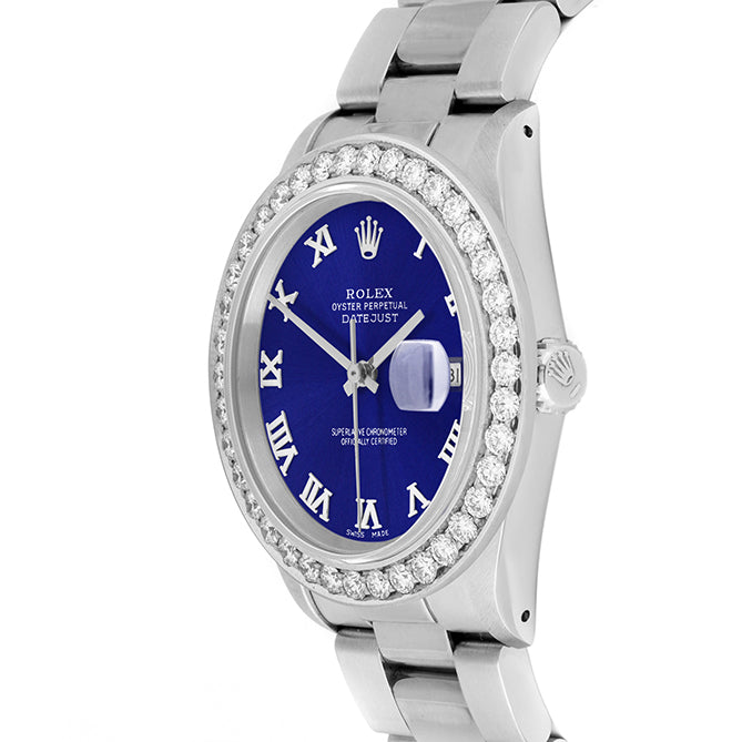 Rolex Datejust 36mm STAINLESS STEEL 16234 Blue Dial | Roman Hour Markers | 2.5 ct Diamond Bezel
