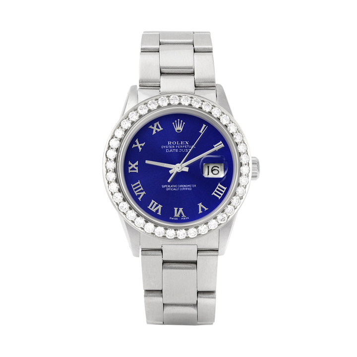 Rolex Datejust 36mm STAINLESS STEEL 16234 Blue Dial | Roman Hour Markers | 2.5 ct Diamond Bezel